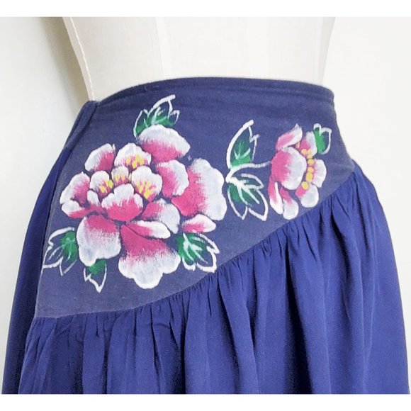Vintage Womens Handmade Handpainted Floral Layered Flared Skirt Blue XS/S - Picture 2 of 13